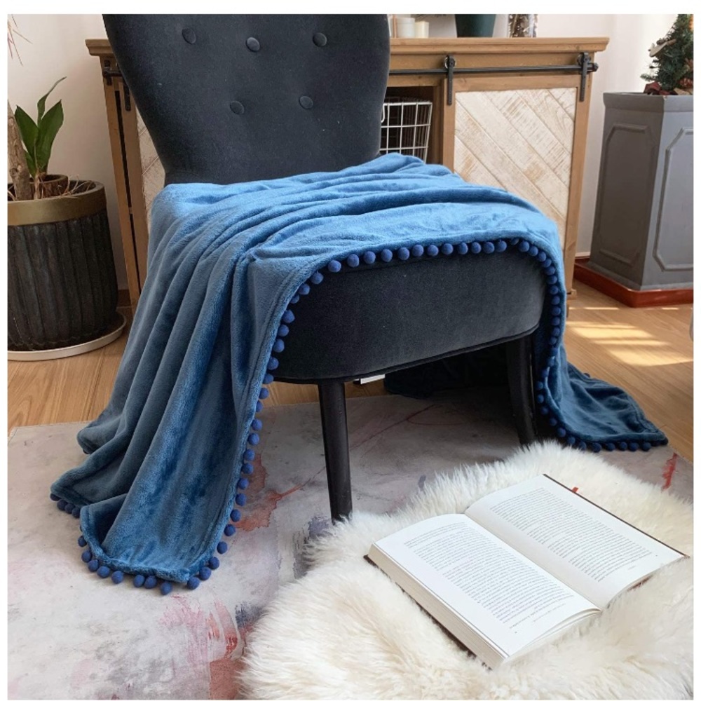 Navy Blue Pompom Fringe Chic Cozy Soft Throw Blanket/Cover - Picture 2 of 16